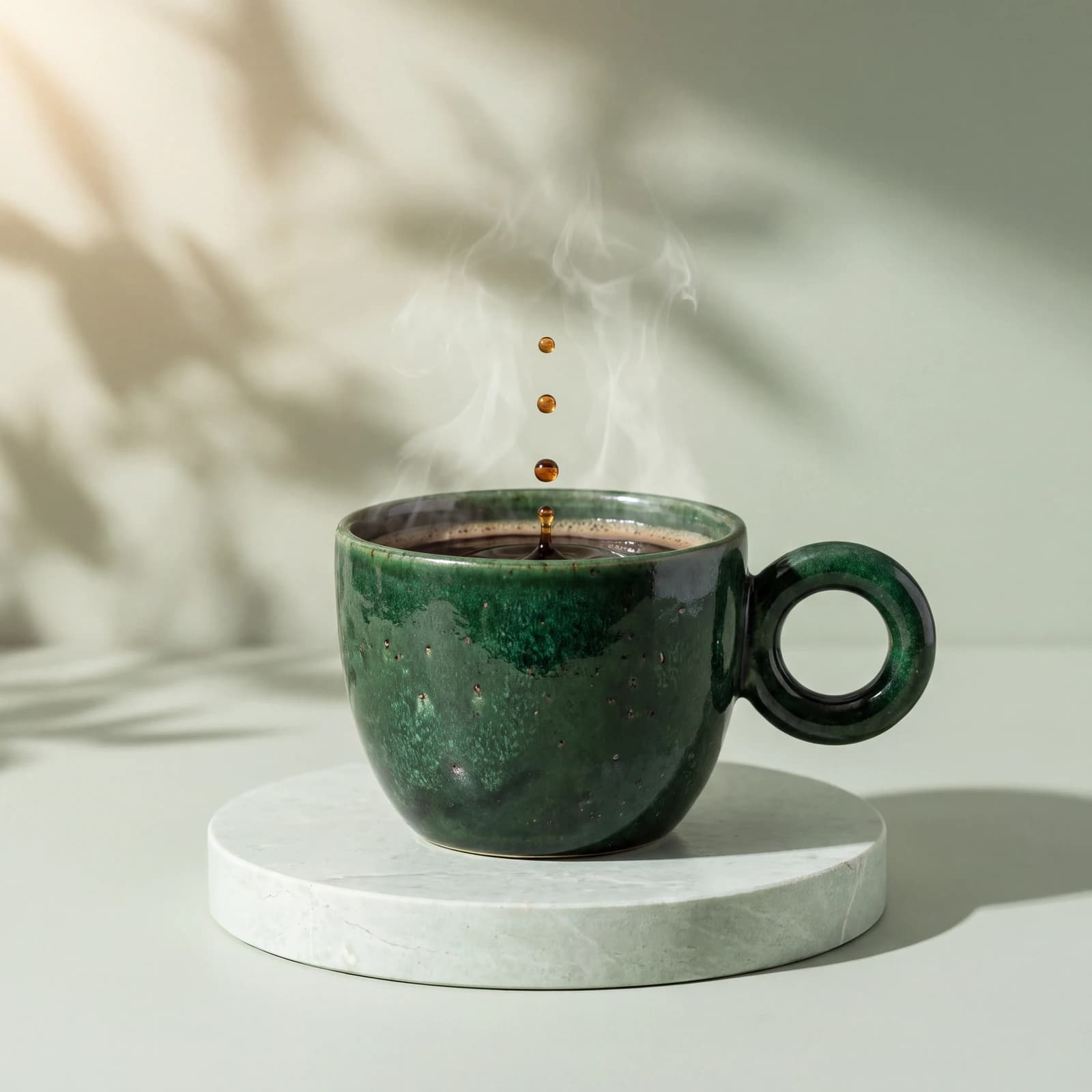 Emerald ceramic cup on a pale pedestal
